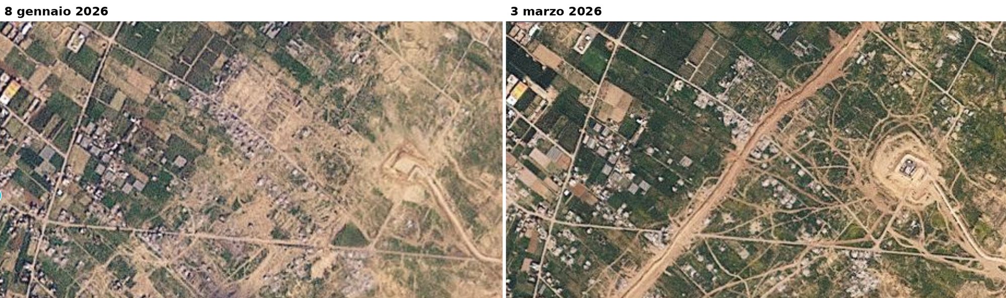 Confronto satellitare di un avamposto a Gaza, 8 gennaio e 3 marzo 2026