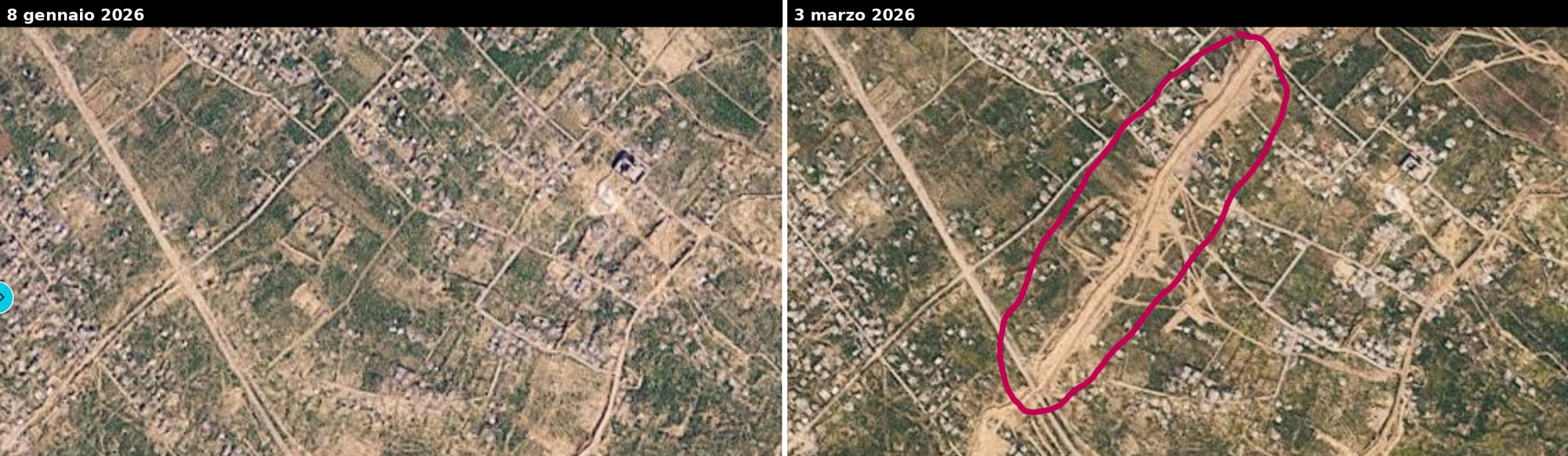 Confronto satellitare di un corridoio sgomberato a Gaza, 8 gennaio e 3 marzo 2026