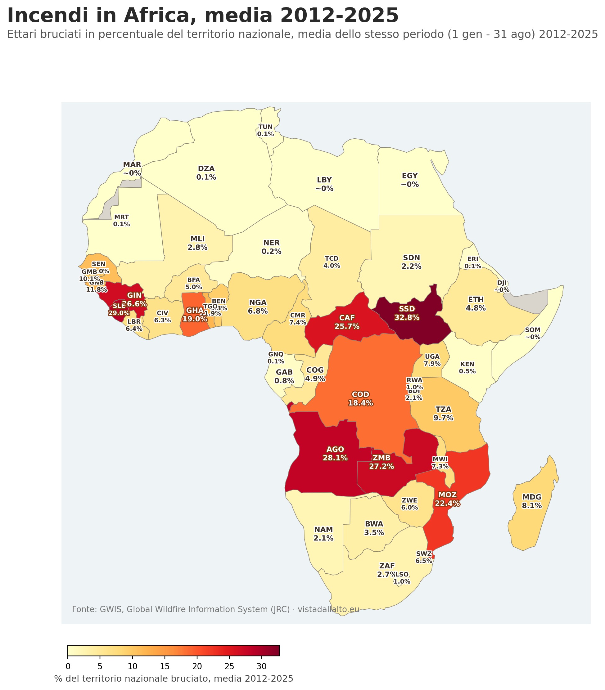 Incendi in Africa, media storica 2012-2025 (dati GWIS)